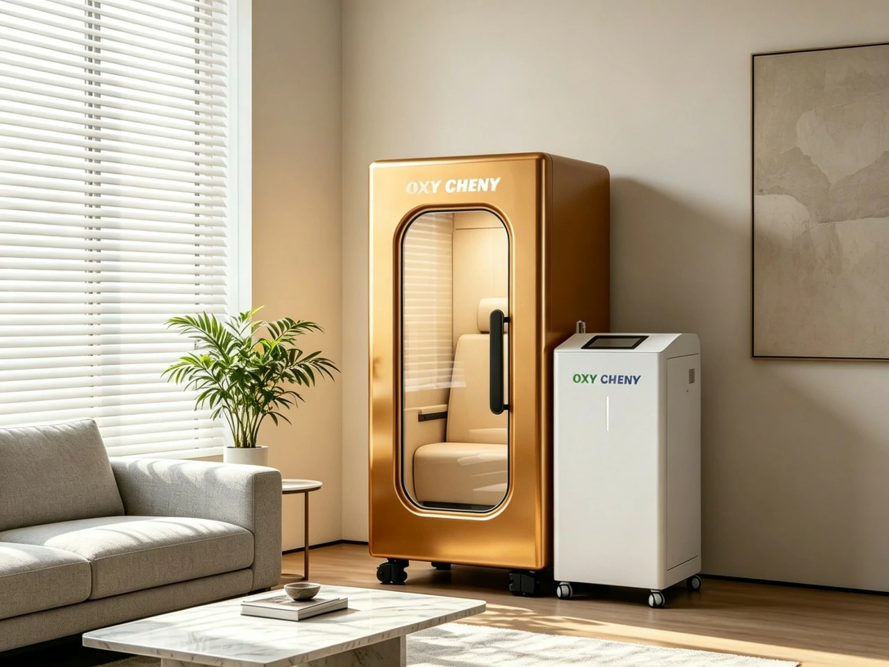 A premium 2.0 ATA hard-shell hyperbaric chamber with advanced automated pressure control valves for safe and effective daily recovery protocols.