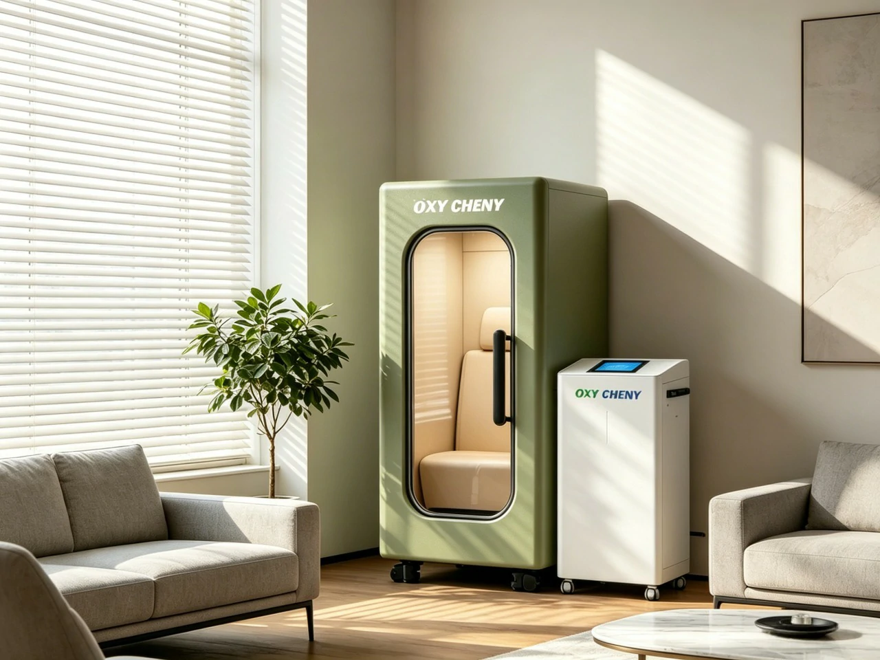 A premium hard-shell home hyperbaric chamber with dual-redundant safety valves and a luxury interior setup inside a high-end private residential wellness room.