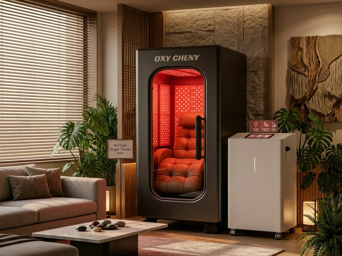 An interior view of an advanced hard hyperbaric chamber featuring integrated red light therapy modules for simultaneous oxygen and photobiomodulation treatment.