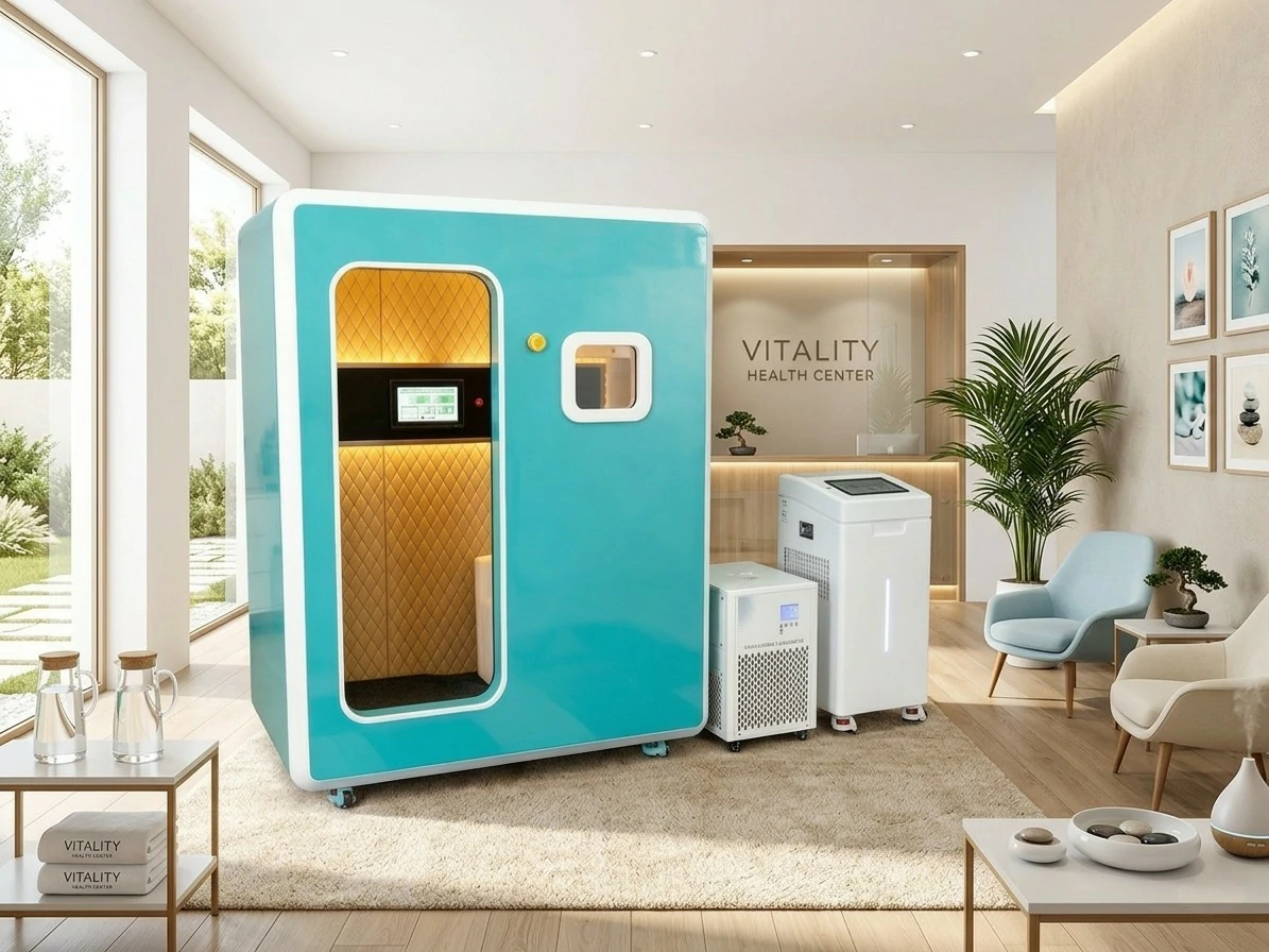 A professional commercial 2.0 ATA hard-shell hyperbaric chamber displayed as the main feature image for a wellness business pricing guide.