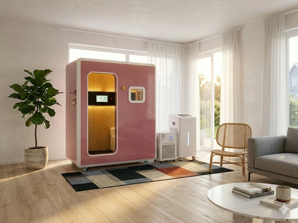 A state-of-the-art luxury hyperbaric chamber designed for premium wellness clinics, med spas, and longevity centers aiming to grow their wellness business.