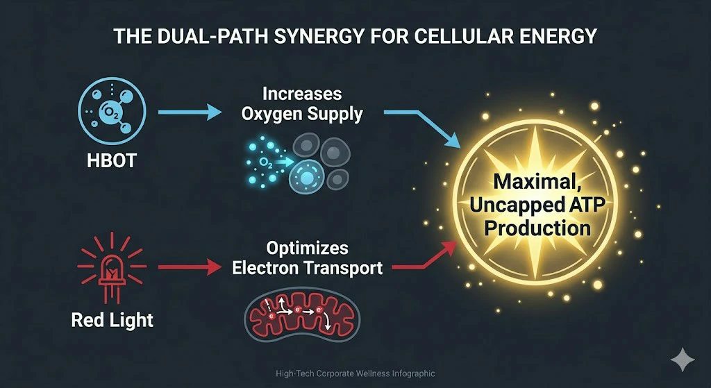 A graphic diagram illustrating the cellular synergy between HBOT and red light therapy for maximal ATP production.