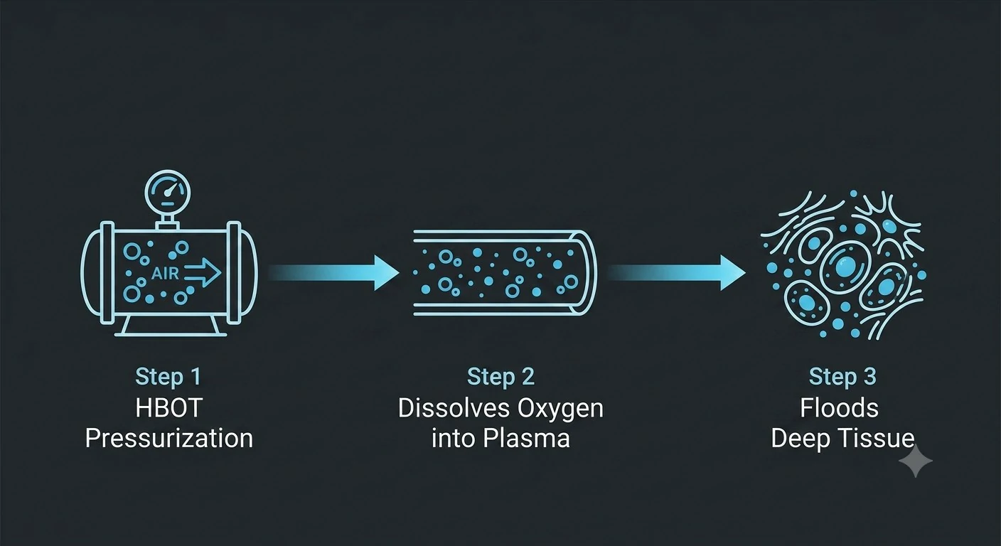 A linear infographic diagram showing how HBOT pressurization dissolves oxygen into plasma and floods deep tissue.