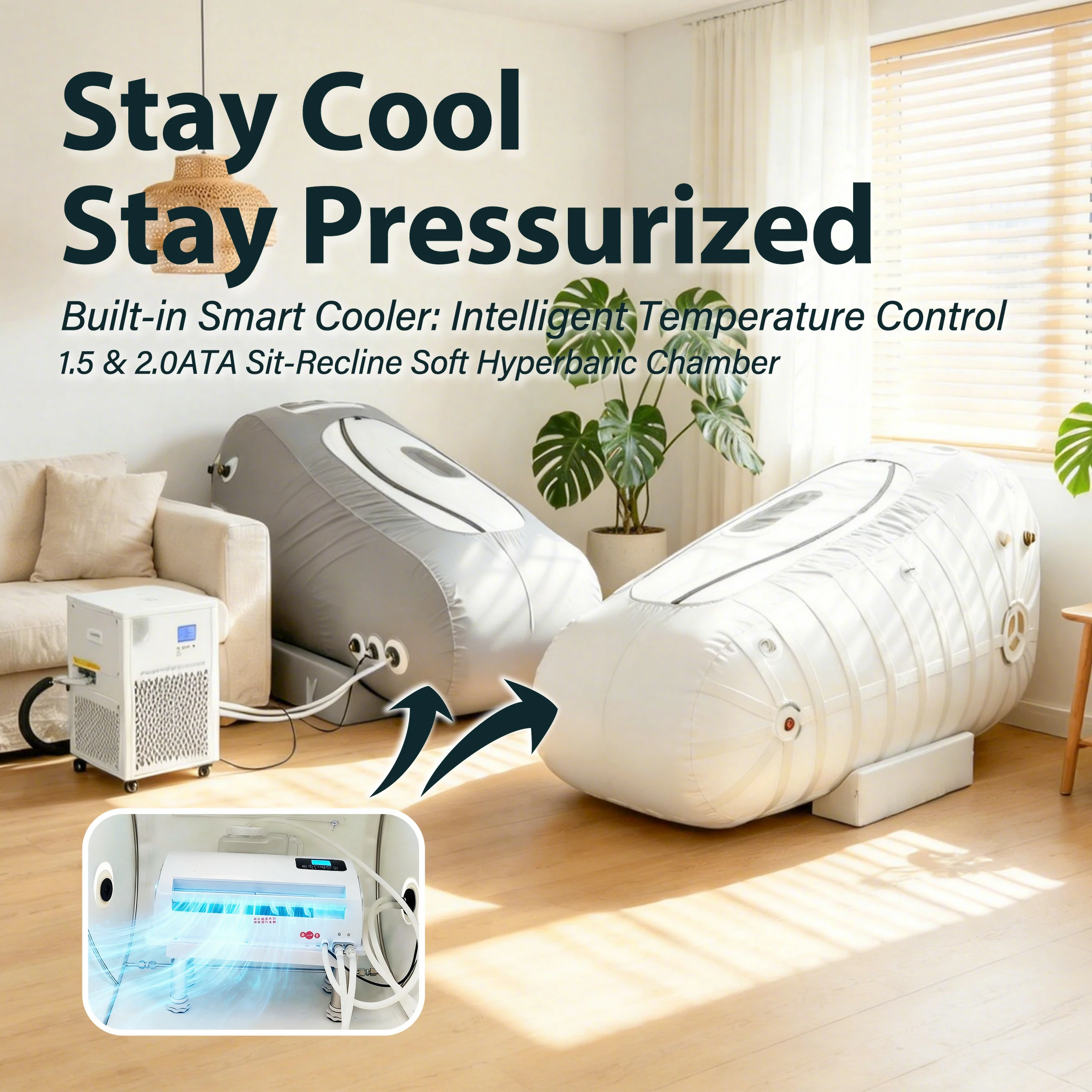 A premium cooled soft hyperbaric chamber for sale featuring an integrated smart water-cooling system and climate control unit for a sweat-free wellness experience.
